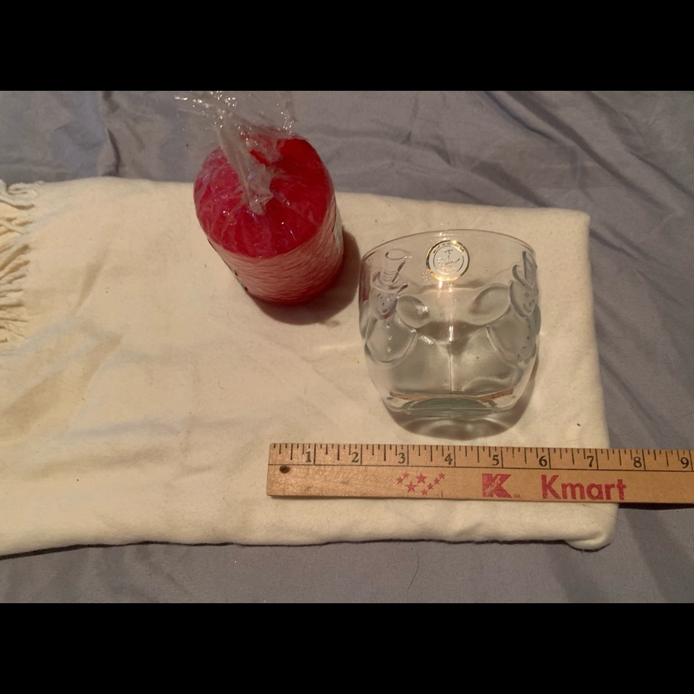 Celebrations Crystal Clear snowman Votive/Candle holder & new red candle